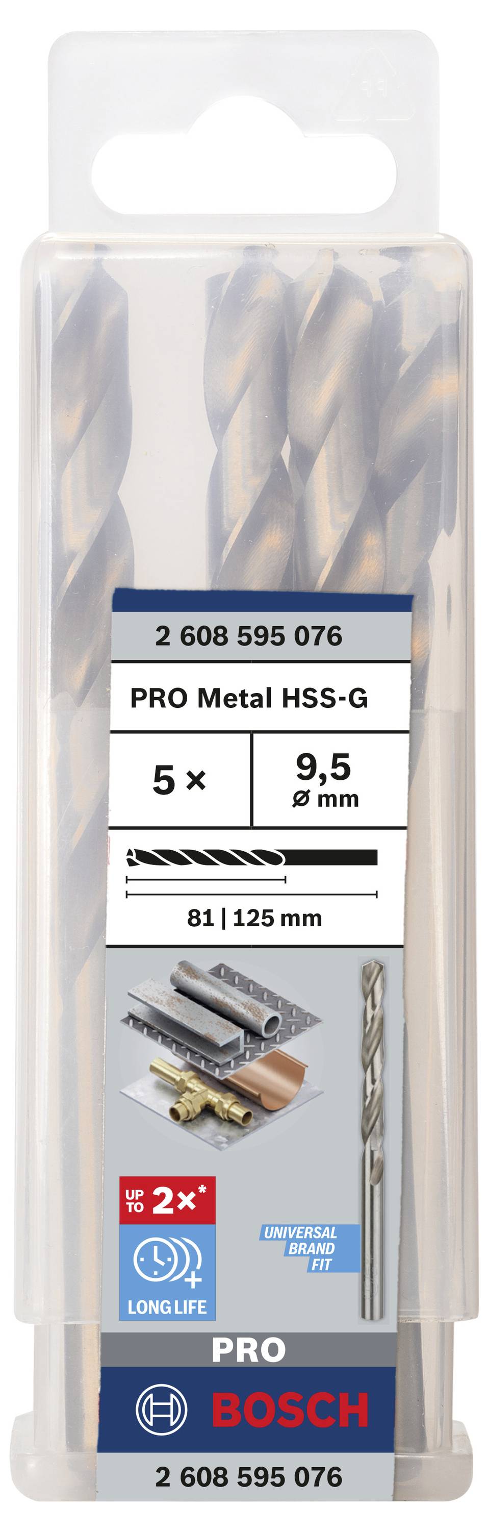 Verpackung mit fünf Bosch PRO Metal HSS-G Bohrern, Größe 9,5 mm, mit Bildern von Anwendungen auf Metalloberflächen.