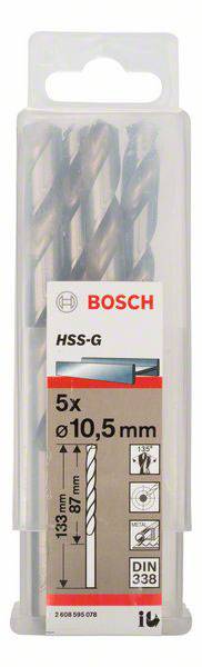 Bosch Accessories 2608595078 HSS Metall-Spiralbohrer 10.5mm Gesamtlänge 133mm geschliffen DIN 338 Zylinderschaft 5St.
