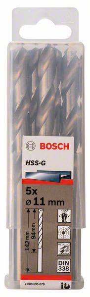 Bosch Accessories 2608595079 HSS Metall-Spiralbohrer 11mm Gesamtlänge 142mm geschliffen DIN 338 Zylinderschaft 5St.