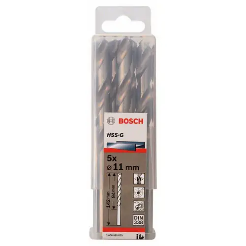 Bosch Accessories 2608595079 HSS Metall-Spiralbohrer 11mm Gesamtlänge 142mm geschliffen DIN 338 Zylinderschaft 5St. Bosch Accessories 2608595079 HSS Metall-Spiralbohrer 11mm Gesamtlänge 142mm geschliffen DIN 338 Zylinderschaft 5St.