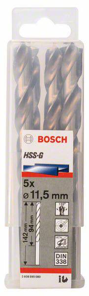 'Bosch HSS-G Bohrer-Set, 5 Stück, Durchmesser 11,5 mm, Länge 142 mm, DIN 338 Standard' auf Verpackung abgebildet.