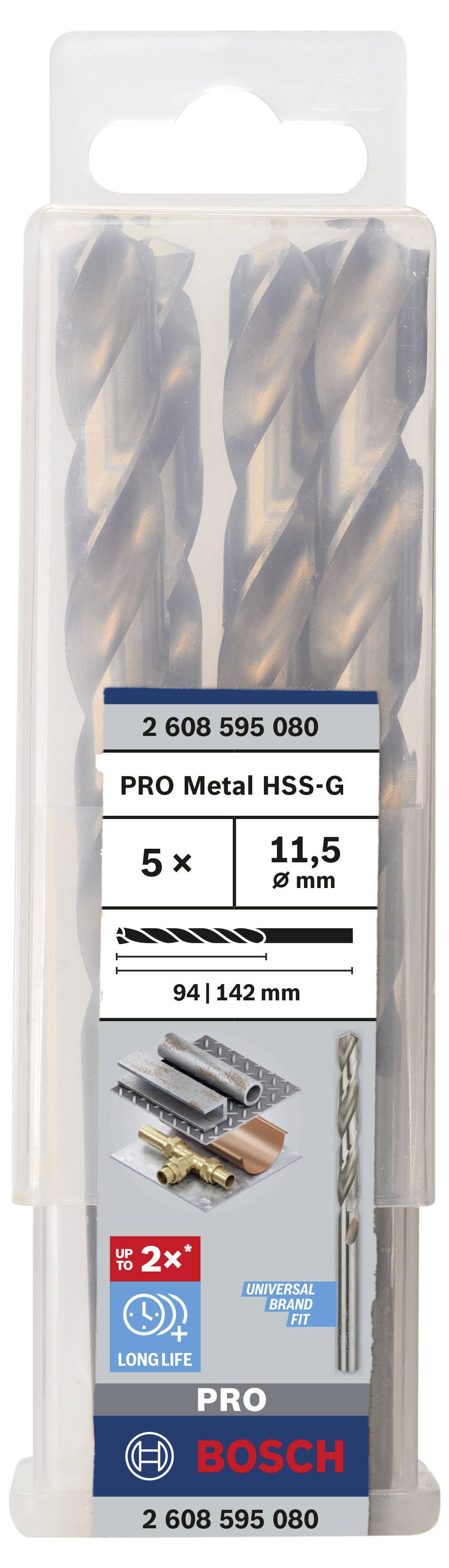 Drei Metallbohrer, PRO Metal HSS-G, 11,5 mm Durchmesser, 94 mm Arbeitslänge, 142 mm Gesamtlänge, Bosch.