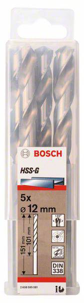 Bosch Accessories 2608595081 HSS Metall-Spiralbohrer 12mm Gesamtlänge 151mm geschliffen DIN 338 Zylinderschaft 5St.