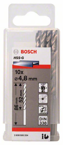 Bosch Accessories 2608595334 HSS Metall-Spiralbohrer 4.8mm Gesamtlänge 83mm geschliffen DIN 338 Zylinderschaft 10St.