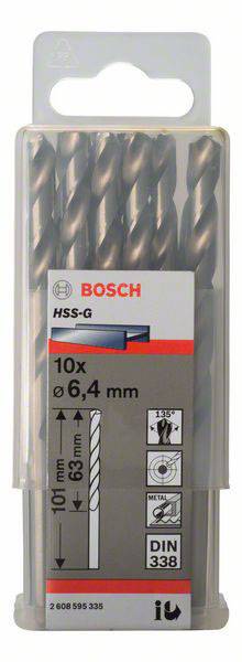 Bosch Accessories 2608595335 HSS Metall-Spiralbohrer 6.4mm Gesamtlänge 101mm geschliffen DIN 338 Zylinderschaft 10St.