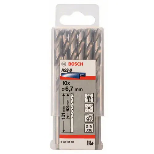 Bosch Accessories 2608595336 HSS Metall-Spiralbohrer 6.7mm Gesamtlänge 101mm geschliffen DIN 338 Zylinderschaft 10St. Bosch Accessories 2608595336 HSS Metall-Spiralbohrer 6.7mm Gesamtlänge 101mm geschliffen DIN 338 Zylinderschaft 10St.