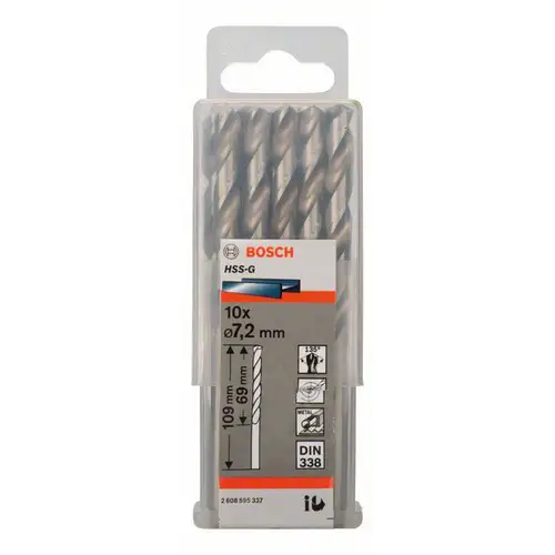 Bosch Accessories 2608595337 HSS Metall-Spiralbohrer 7.2mm Gesamtlänge 109mm geschliffen DIN 338 Zylinderschaft 10St. Bosch Accessories 2608595337 HSS Metall-Spiralbohrer 7.2mm Gesamtlänge 109mm geschliffen DIN 338 Zylinderschaft 10St.