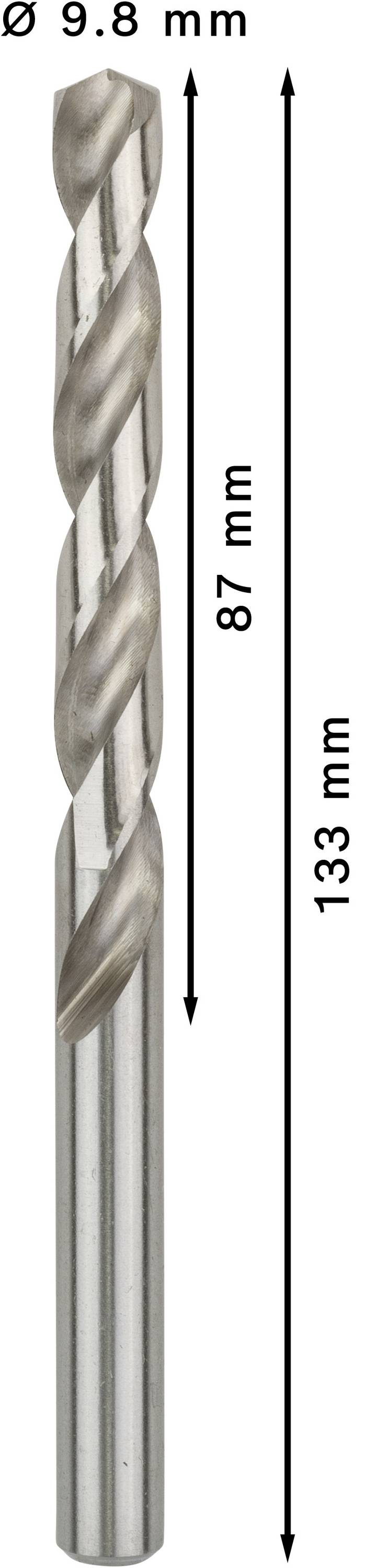 Bohrer mit 9,8 mm Durchmesser; Gesamtlänge 133 mm, nutzbare Länge 87 mm; gerade Bauform.