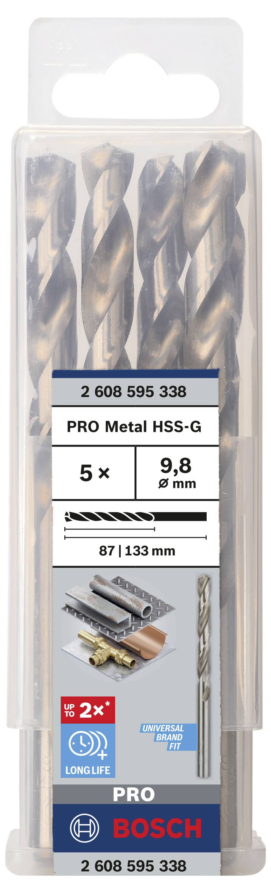 Packung mit fünf Bosch HSS-G Spiralbohrern, 9,8 mm, für Metallbearbeitung; zeigt Produktdetails und Einsatzbeispiele.