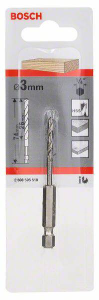 Bosch Accessories 2608595519 Holz-Spiralbohrer 3 mm Gesamtlänge 74 mm 1/4" (6.3 mm) 1 St.