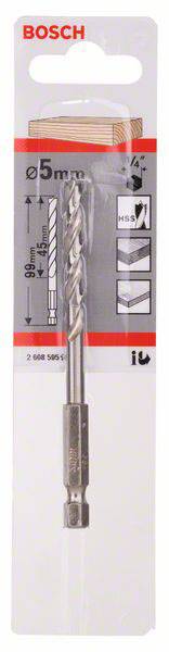 Bohrer von Bosch, 5 mm, Länge 90 mm, für Beton, Ziegel, geeignet für schlagbohren. Verpackung zeigt Symbolanleitung.