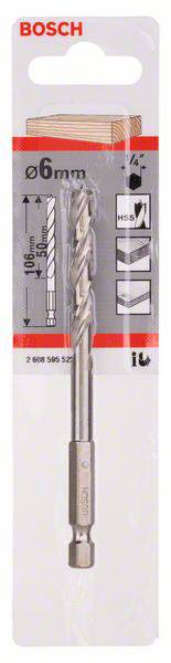 Bohrer auf Verpackung abgebildet, 6 mm Durchmesser, 106 mm Länge, für verschiedene Materialien geeignet. Markenname oben.