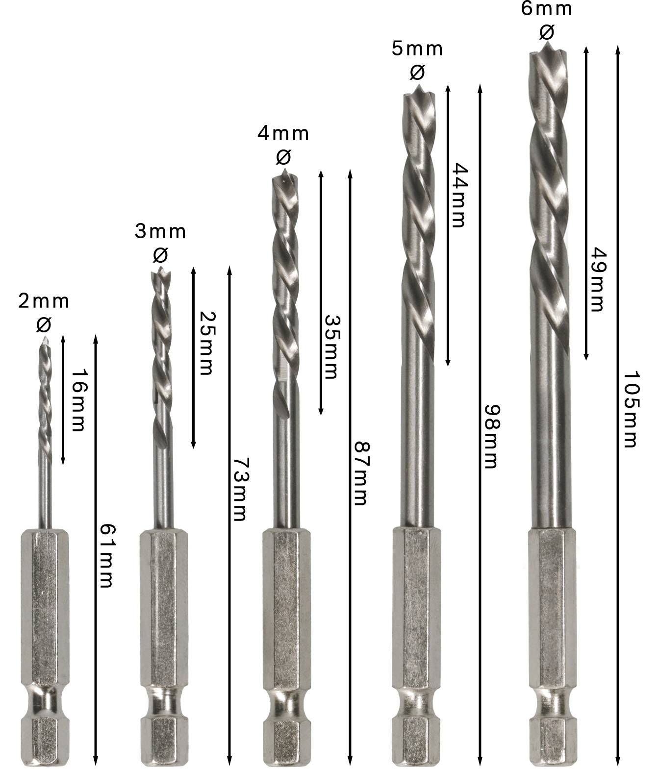 Bosch Accessories 2608595525 Holz-Spiralbohrer-Set 5teilig 2 mm, 3 mm, 4 mm, 5 mm, 6mm 1/4" (6.3 mm) 1 Set