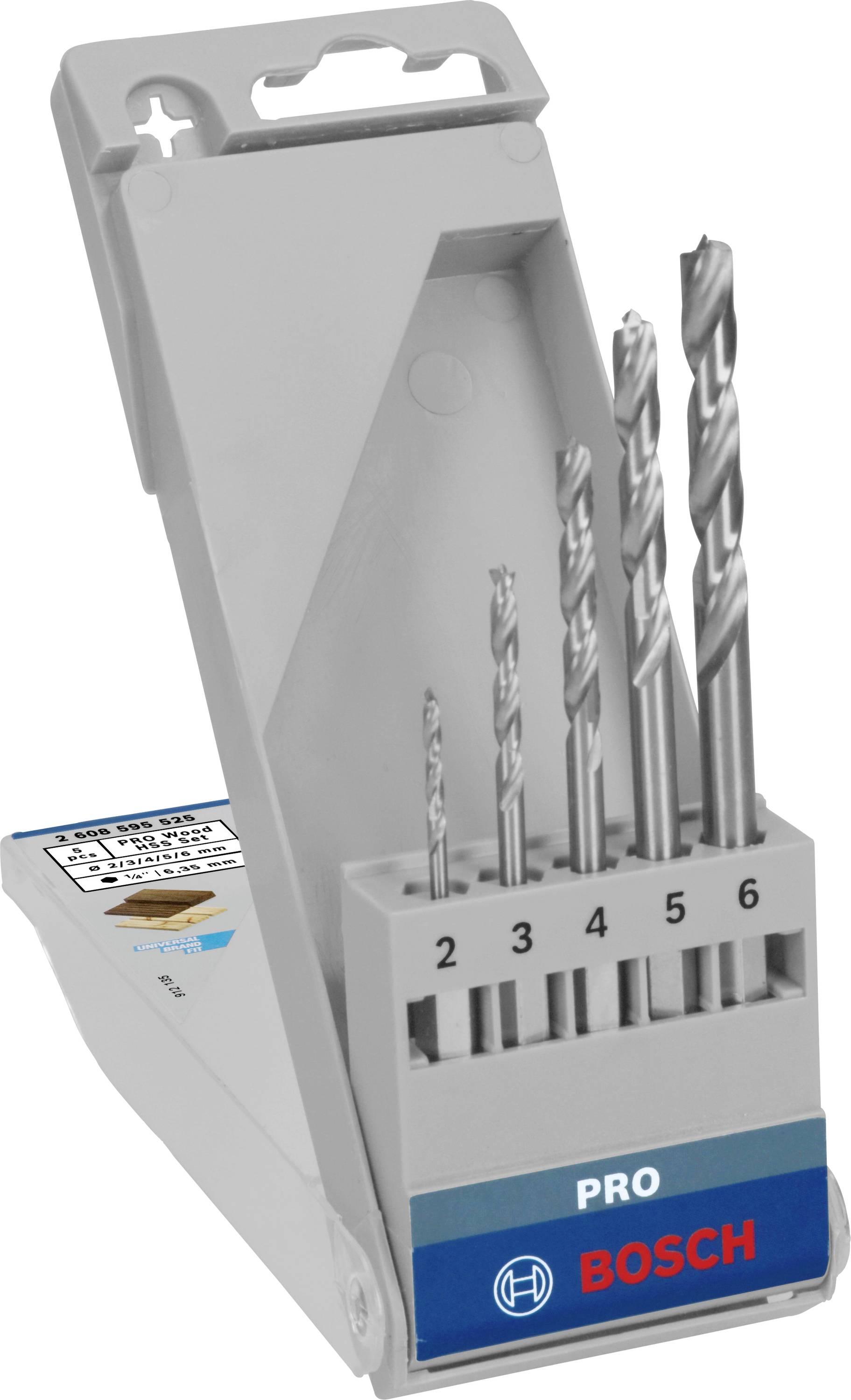 Bosch Accessories 2608595525 Holz-Spiralbohrer-Set 5teilig 2 mm, 3 mm, 4 mm, 5 mm, 6mm 1/4" (6.3 mm) 1 Set