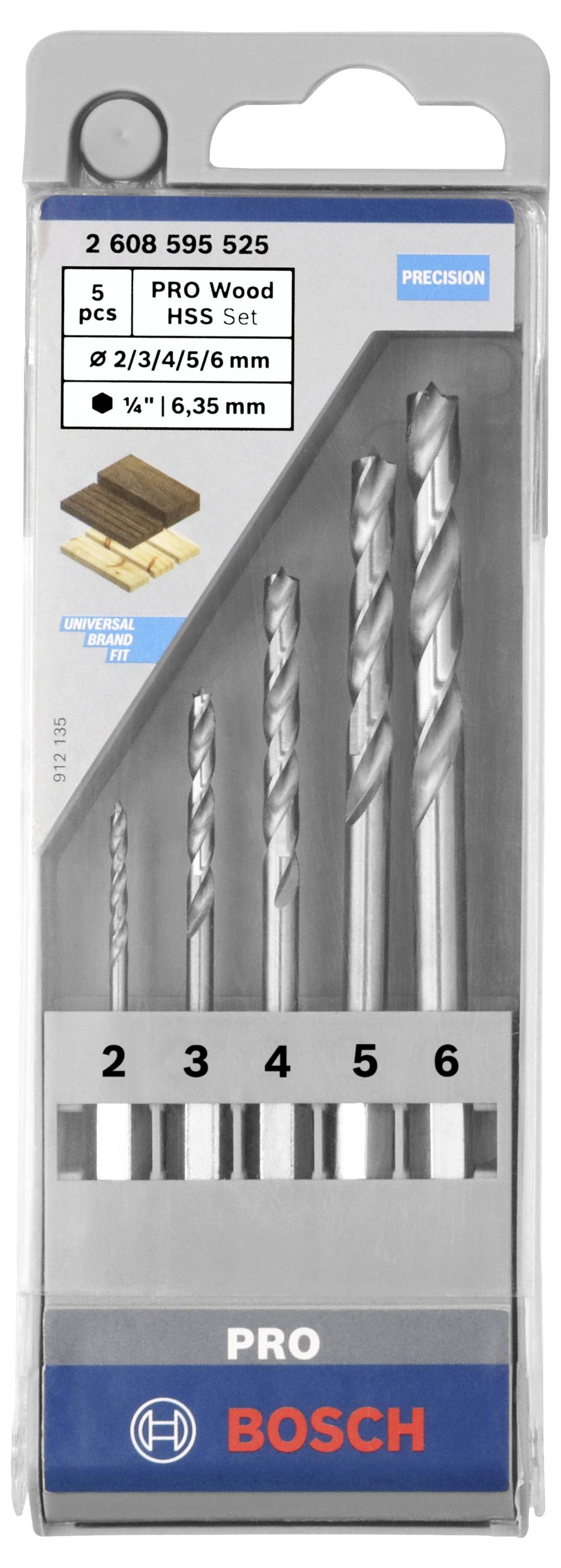 Bosch Accessories 2608595525 Holz-Spiralbohrer-Set 5teilig 2 mm, 3 mm, 4 mm, 5 mm, 6mm 1/4" (6.3 mm) 1 Set