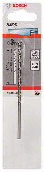 Verpacktes Bosch HSS-G Spiralbohrer, 3 mm Durchmesser, 100 mm Länge. Geeignet für Metallbearbeitung, DIN 340 Norm, Bild eines Bohrers.