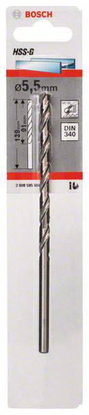 Bohrer von Bosch, HSS-G, Durchmesser 5,5 mm, Länge 93 mm. Verpackung zeigt Bohrer mit Spiraldesign, Kunststoffverpackung mit roten und grauen Details.