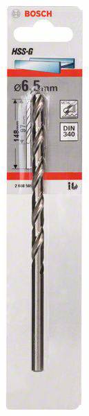 'Bosch Metallbohrer HSS-G 6,5 mm DIN 340' in der Verpackung. Geeignet für Metallbohrungen, hochwertiges Material, präzise Bohrungen.