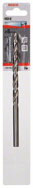 Bohrer von Bosch, Typ HSS-G, Durchmesser 8 mm. Geeignet für Metall. Verpackung zeigt technischen Details und ein Bild des Bohrers.