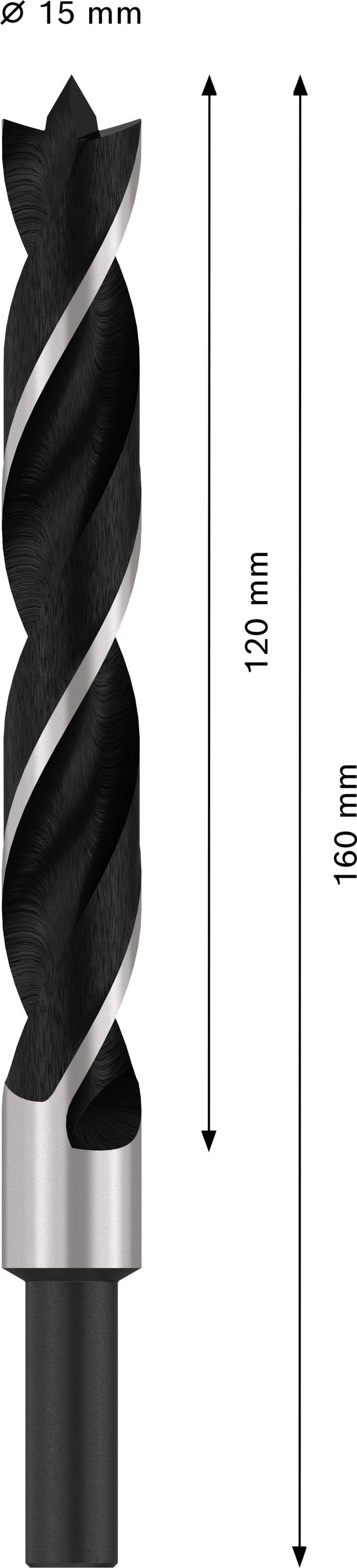 Abbildung eines Bohrers, 15 mm Durchmesser, 160 mm Gesamtlänge, 120 mm Spiralsegmentlänge, schwarzes und silbernes Design.