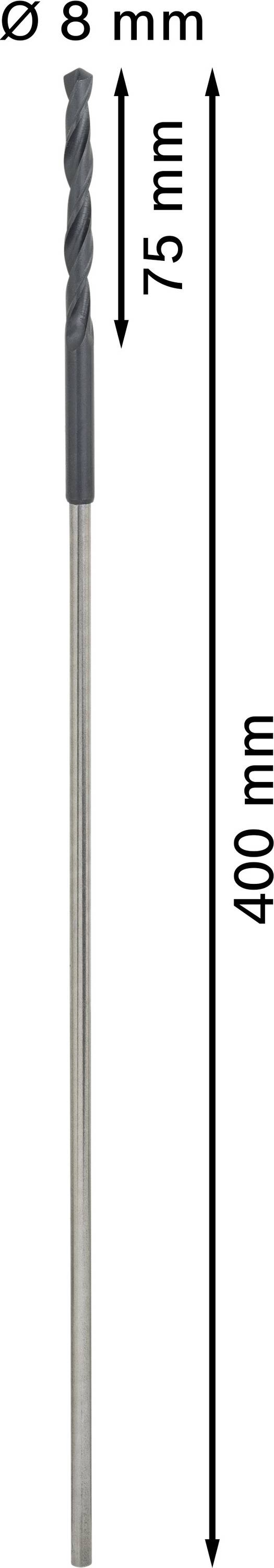 Bohrer mit 8 mm Durchmesser, 75 mm nutzbare Länge, Gesamtlänge 400 mm.
