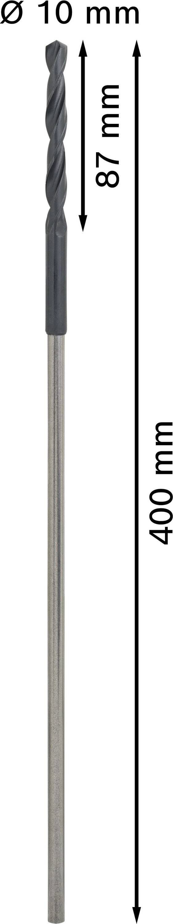 Ein Bohrer mit einer Gesamtlänge von 400 mm, einem Durchmesser von 10 mm und einer Schneidenlänge von 87 mm, neben Maßangaben.