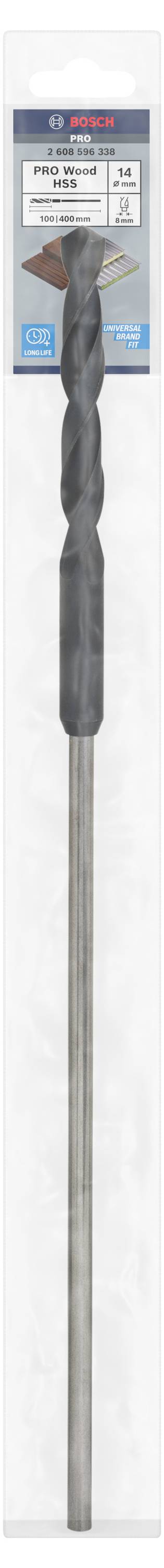 Bohrer in Verpackung mit grauem spiralförmigem Schaft und silberner Spitze; Beschreibung weist auf Beton-, Ziegel- und Steinbohrfähigkeit hin.