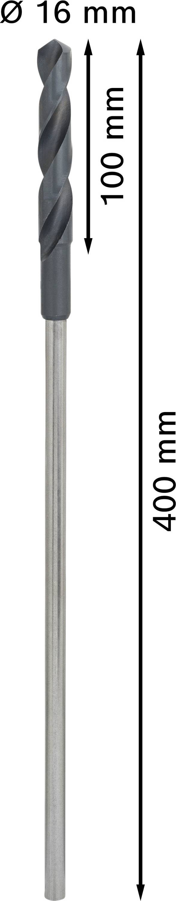 Bohrer mit 16 mm Durchmesser, einer Länge von 400 mm und einer Bohrtiefe von 100 mm.