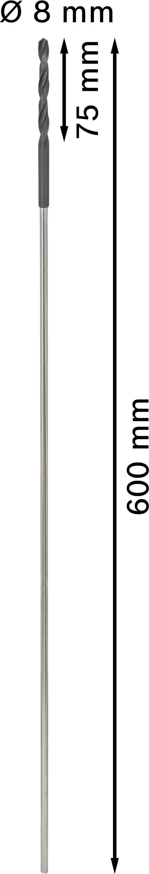Bohrer mit einem Durchmesser von 8 mm und einer Gesamtlänge von 600 mm, wobei das Bohrteil 75 mm lang ist.