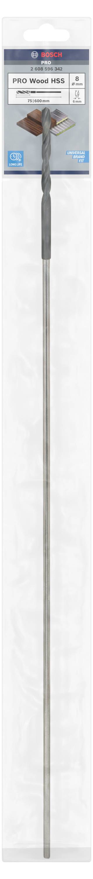 Ein Bosch Bohrkopf, verpackt. Enthält Angaben zur Größe: 22 mm. Lang und silbern, für präzises Bohren konzipiert.