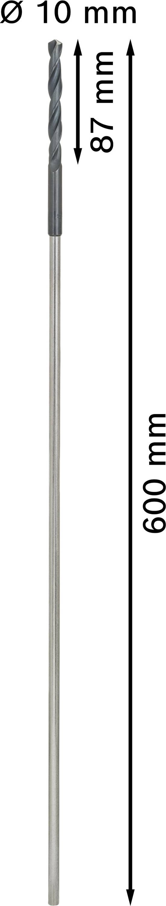 Bohrer mit 10 mm Durchmesser, 600 mm Gesamtlänge, 87 mm Spiralschneidelänge.