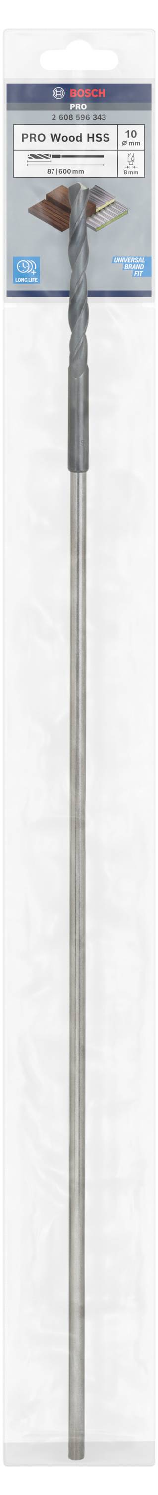 Langer Bohraufsatz mit Metallspitze in einer Verpackung, gekennzeichnet als SDS Plus Pro 8x400 mm. geeignet für Betonbohrarbeiten.