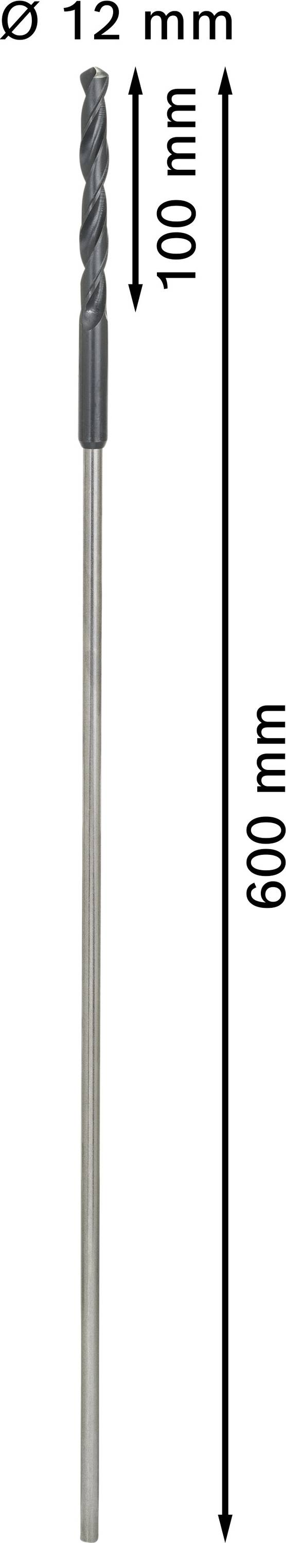 Langes Metallbohrerset: Gesamtlänge 600 mm, Ø 12 mm. Spiralleiste 100 mm. Ideal für tiefe Bohrungen in Metallmaterialien.