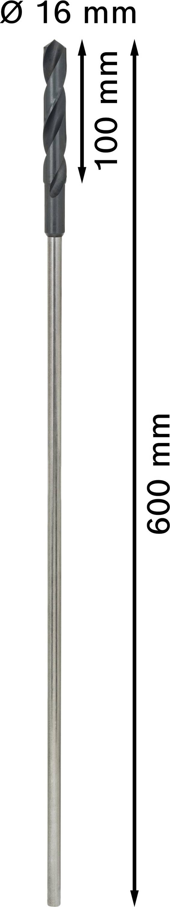 Langer Bohrer, 600 mm Gesamtlänge, 100 mm spiralförmiger Teil, Durchmesser 16 mm.