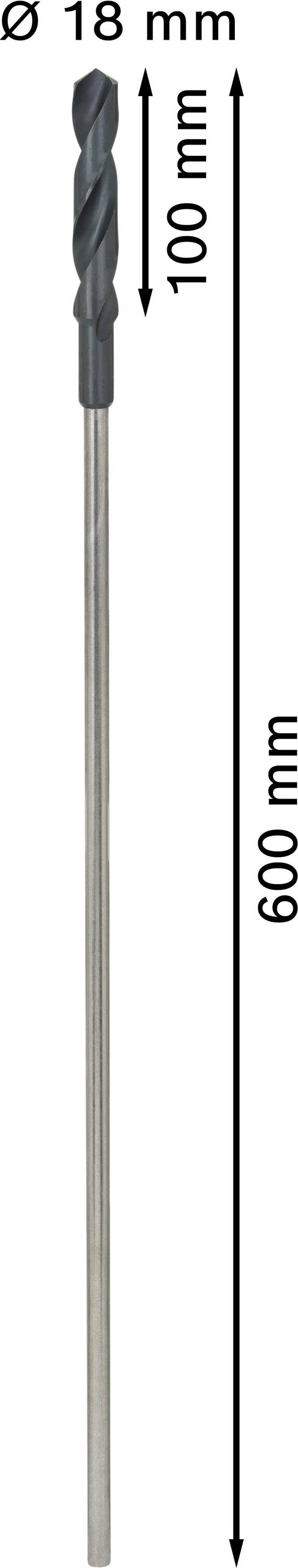 Das Bild zeigt einen 600 mm langen und 18 mm breiten Bohrer mit einer Nutzlänge von 100 mm.