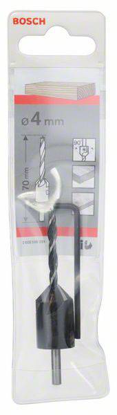 'Bosch Pro' Holzbohrer-Set, Durchmesser 4 mm. Verpackung zeigt Bohrer mit Tiefenstopp und Sechskantschlüssel, für präzise Bohrungen.