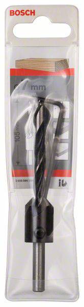 Verpackter Bosch-Scharnierbohrer mit Bohrer und Inbusschlüssel, geeignet für präzises Bohren in Holz.