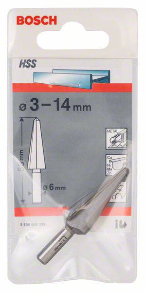 Bosch HSS-Stufenbohrer, Durchmesser 3-14 mm, für Metalle wie Kupfer und Aluminium. Verpackung zeigt Bohrer und Anwendungshinweise.