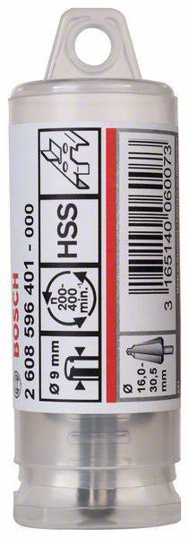 'Holzbohrer, 9 mm Durchmesser, 16° Spitze, 30 mm Gesamtlänge' auf einer Kunststoffverpackung. Enthält Barcode und Bosch-Logo.