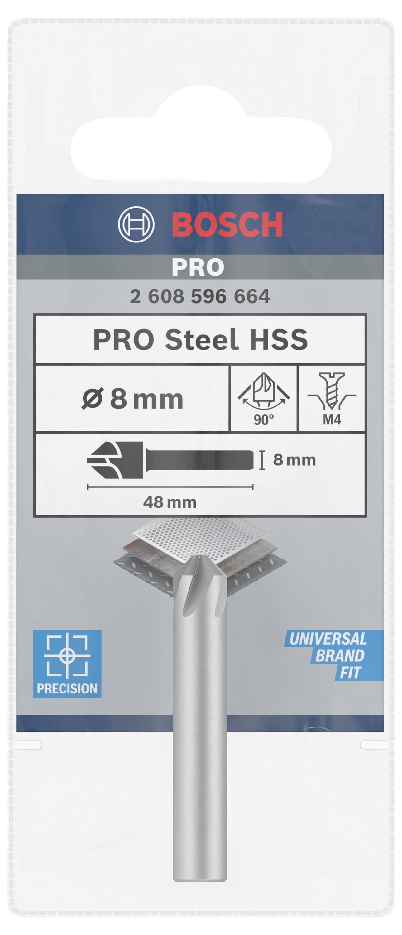 Verpackung eines Bosch Pro HSS Stahlbohrers, Ø 8 mm, 90°, M4, für präzises Bohren und universelle Passform, Länge 48 mm.