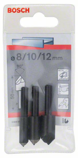 Drei Bosch-Stufenbohrer im Blisterpack, geeignet für Metallbearbeitung. Größen: 8mm, 10mm, 12mm. Indikation für 90° Winkelbohren.