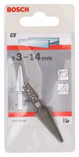Verpackung eines BOSCH Kegelsenkerbohrers, geeignet für Materialstärken von 3-14 mm, zeigt Produktabbildung und Anwendungsbeispiele.