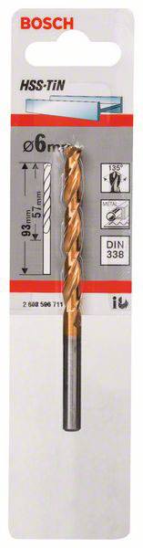 Bosch Accessories 2608596711 HSS Metall-Spiralbohrer 6mm Gesamtlänge 93mm TiN DIN 338 Zylinderschaft 1St.