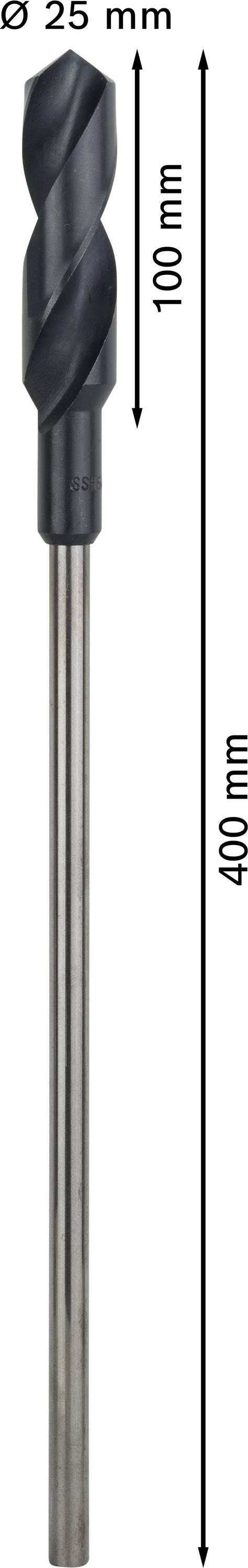 Abbildung eines Bohrers mit einem Durchmesser von 25 mm und einer Gesamtlänge von 400 mm. Der Schneidteil ist 100 mm lang.