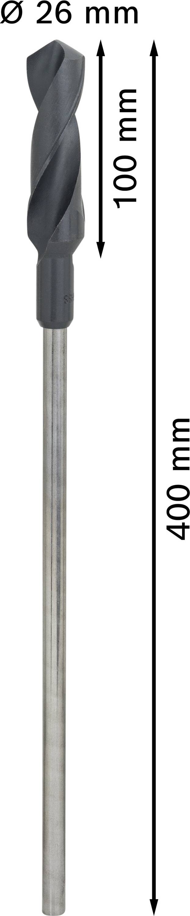 Ein Bohrer mit einem Durchmesser von 26 mm, einer Schneidenlänge von 100 mm und einer Gesamtlänge von 400 mm.