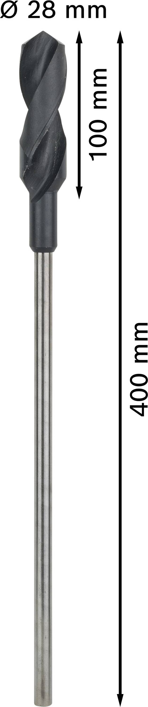 Bohrer mit 28 mm Durchmesser, 100 mm Schlaglänge und 400 mm Gesamtlänge.