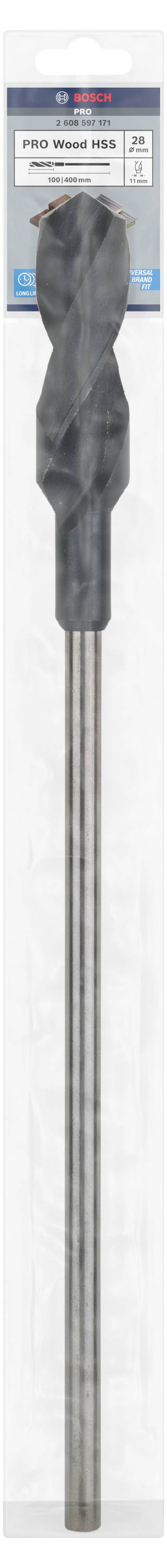 Ein SDS-Max Bohrer von Bosch mit spiralförmigem Kopf und Metallstiel, geeignet für das Bohren in Beton. Verpackung enthält Produktspezifikationen.