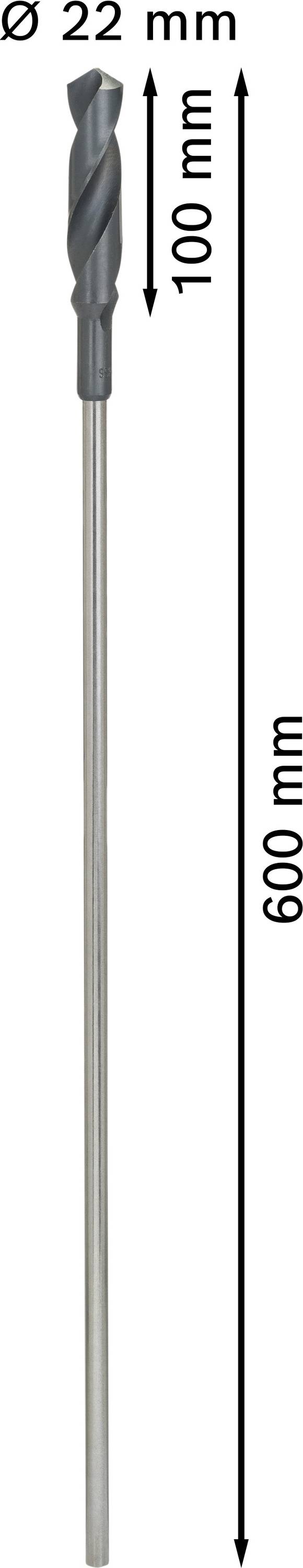 Bohrer mit einem Durchmesser von 22 mm, einer Gesamtlänge von 600 mm und einer Spirallänge von 100 mm.