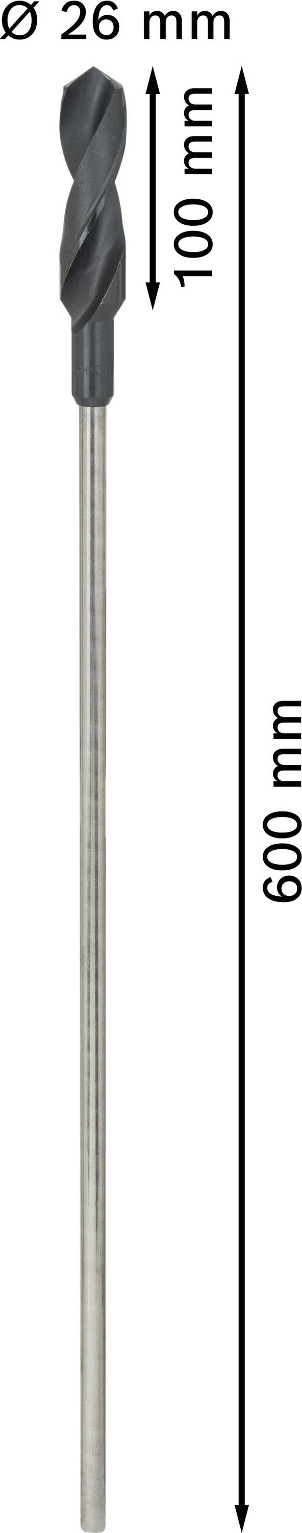 Bohrer mit 26 mm Durchmesser und 600 mm Gesamtlänge, davon 100 mm spiralförmiger Schneidbereich.