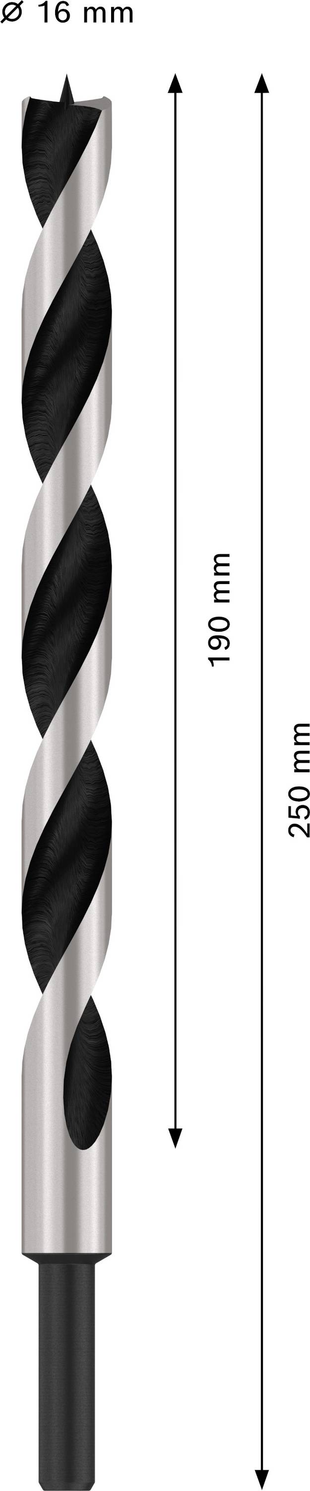 Abbildung eines Spiralbohrers. Durchmesser: 16 mm, Spirallänge: 190 mm, Gesamtlänge: 250 mm.